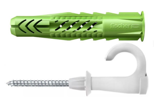 fischer Universaldübel UX Green 6 x 35 R EasyHook Round mit Rand und Edelstahlschraube A2 (2 Stück) - 1